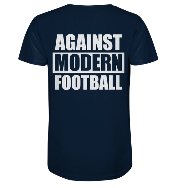 N.O.S.W. BLOCK Fanblock Shirt "AGAINST MODERN FOOTBALL" beidseitig bedrucktes Organic V-Neck T-Shirt navy