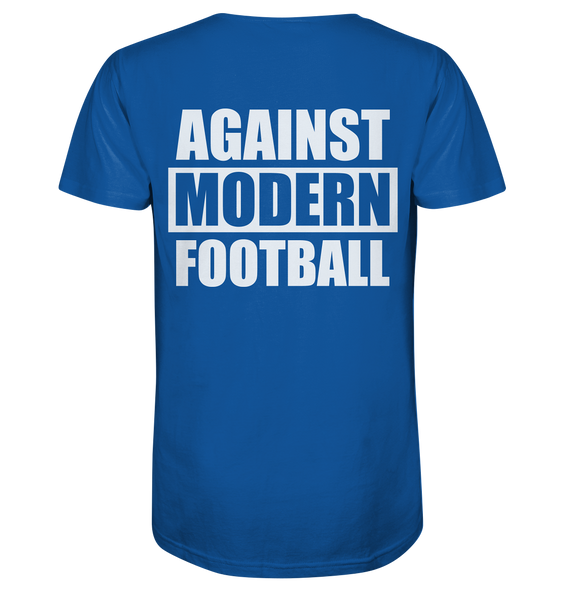 N.O.S.W. BLOCK Fanblock Shirt "AGAINST MODERN FOOTBALL" beidseitig bedrucktes Organic V-Neck T-Shirt blau