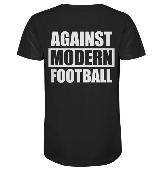 N.O.S.W. BLOCK Fanblock Shirt "AGAINST MODERN FOOTBALL" beidseitig bedrucktes Organic V-Neck T-Shirt schwarz