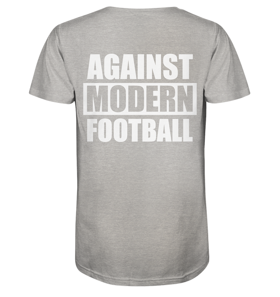 N.O.S.W. BLOCK Fanblock Shirt "AGAINST MODERN FOOTBALL" beidseitig bedrucktes Organic V-Neck T-Shirt heather grau