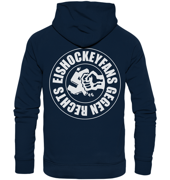 N.O.S.W. BLOCK Gegen Rechts Hoodie "EISHOCKEYFANS GEGEN RECHTS" beidseitig bedruckter Männer Organic Basic Kapuzenpullover navy