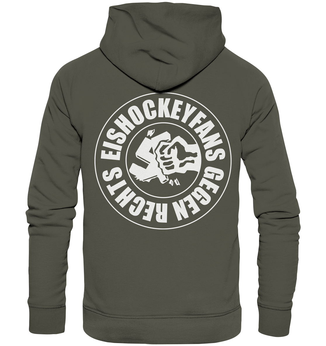 N.O.S.W. BLOCK Gegen Rechts Hoodie "EISHOCKEYFANS GEGEN RECHTS" beidseitig bedruckter Männer Organic Basic Kapuzenpullover khaki