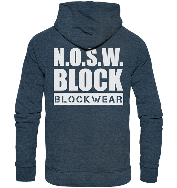 N.O.S.W. BLOCK Hoodie "N.O.S.W. BLOCK BLOCKWEAR" beidseitig bedruckter Männer Organic Fashion Kapuzenpullover dark heather blau