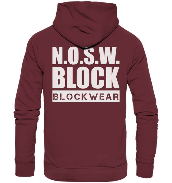 N.O.S.W. BLOCK Hoodie "N.O.S.W. BLOCK BLOCKWEAR" beidseitig bedruckter Männer Organic Fashion Kapuzenpullover weinrot