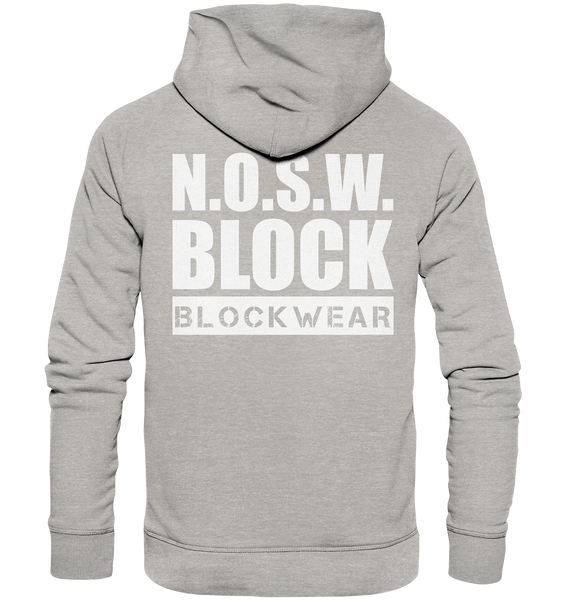 N.O.S.W. BLOCK Hoodie "N.O.S.W. BLOCK BLOCKWEAR" beidseitig bedruckter Männer Organic Fashion Kapuzenpullover heather grau