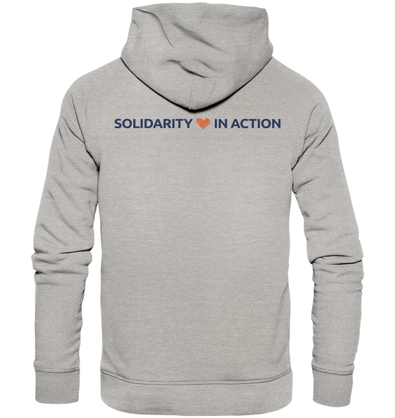Europe Cares Hoodie UNISEX Organic Kapuzenpullover Logo blau/orange heather grau