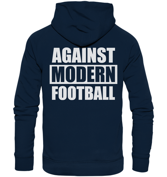 N.O.S.W. BLOCK Fanblock Hoodie "AGAINST MODERN FOOTBALL" beidseitig bedruckter Organic Kapuzenpullover navy