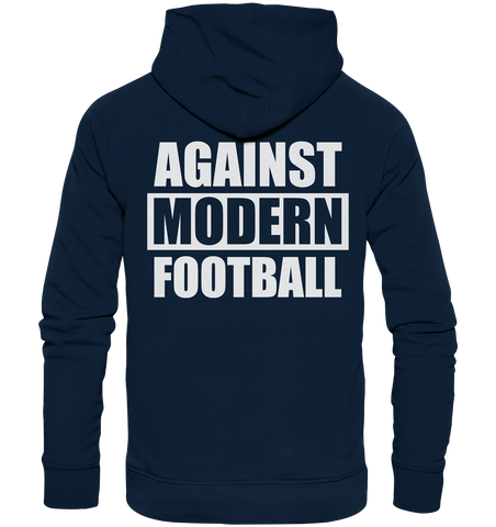 N.O.S.W. BLOCK Fanblock Hoodie "AGAINST MODERN FOOTBALL" beidseitig bedruckter Organic Kapuzenpullover navy