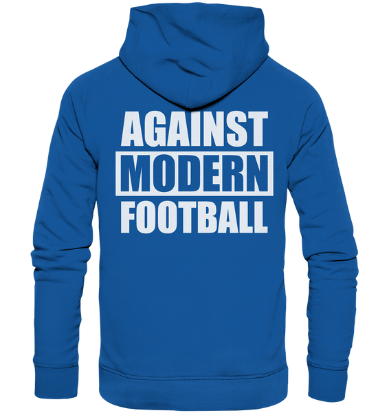 N.O.S.W. BLOCK Fanblock Hoodie "AGAINST MODERN FOOTBALL" beidseitig bedruckter Organic Kapuzenpullover blau