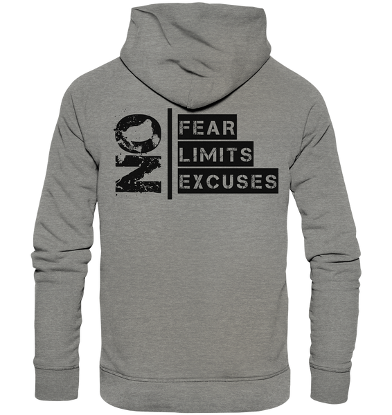 N.O.S.W. BLOCK Ultras Hoodie "ULTRAS FOR REAL" beidseitig bedruckter Männer Organic Kapuzenpullover mid heather grau