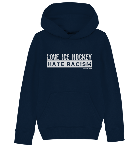N.O.S.W. BLOCK Gegen Rechts Hoodie "LOVE ICE HOCKEY HATE RACISM" Kids UNISEX Organic Kapuzenpullover navy