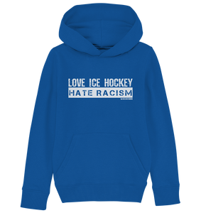 N.O.S.W. BLOCK Gegen Rechts Hoodie "LOVE ICE HOCKEY HATE RACISM" Kids UNISEX Organic Kapuzenpullover blau