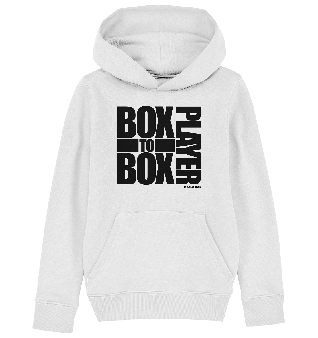 N.O.S.W. BLOCk Fanblock Hoodie "BOX TO BOX PLAYER" Kids UNISEX Organic Kapuzenpullover weiss