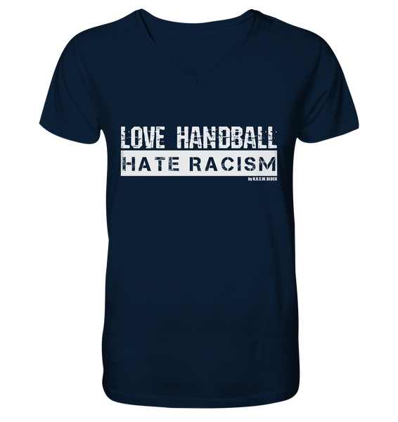 N.O.S.W. BLOCK Gegen Rechts Shirt "LOVE HANDBALL HATE RACISM" Männer Organic V-Neck T-Shirt navy