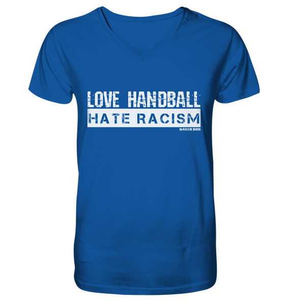 N.O.S.W. BLOCK Gegen Rechts Shirt "LOVE HANDBALL HATE RACISM" Männer Organic V-Neck T-Shirt blau