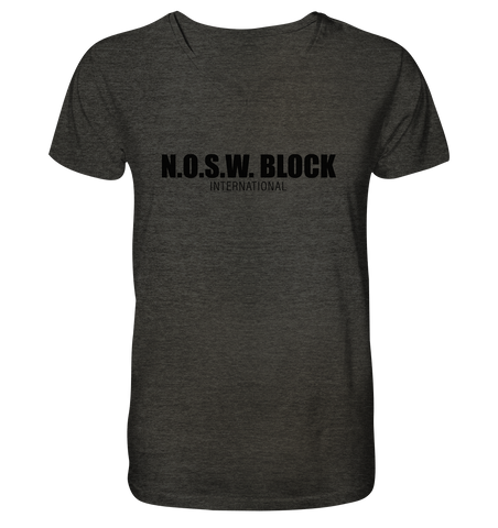 N.O.S.W. BLOCK Shirt "N.O.S.W. BLOCK INTERNATIONAL" Männer Organic V-Neck T-Shirt dark heather grau