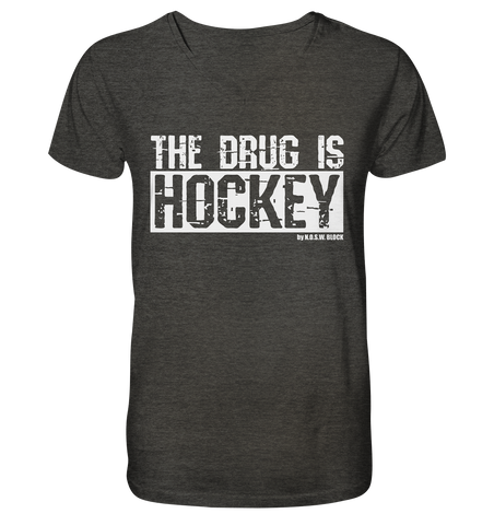 N.O.S.W. BLOCK Fanblock Shirt "THE DRUG IS HOCKEY" Männer Organic V-Neck T-Shirt dark heather grau