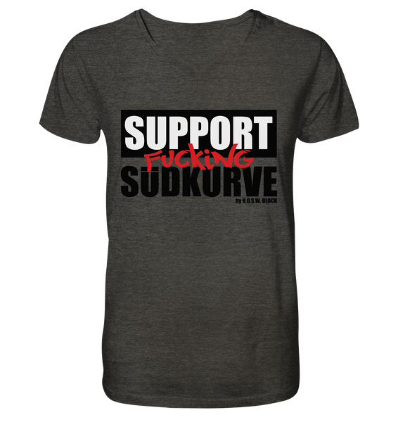 N.O.S.W. BLOCK Fanblock Shirt "SUPPORT FUCKING SÜDKURVE" Männer Organic V-Neck T-Shirt dunkelgrau