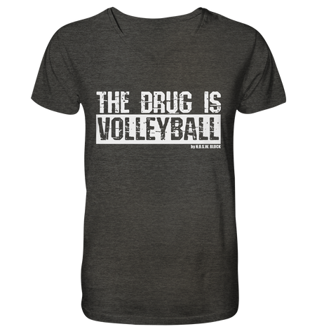 N.O.S.W. BLOCK Fanblock Shirt "THE DRUG IS VOLLEYBALL" Männer Organic V-Neck T-Shirt dunkelgrau