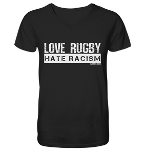 N.O.S.W. BLOCK Gegen Rechts Shirt "LOVE RUGBY HATE RACISM" Männer Organic V-Neck T-Shirt schwarz