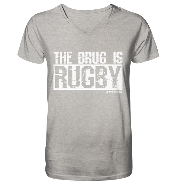 N.O.S.W. BLOCK Fanblock Shirt "THE DRUG IS RUGBY" Männer Organic V-Neck T-Shirt heathergrau