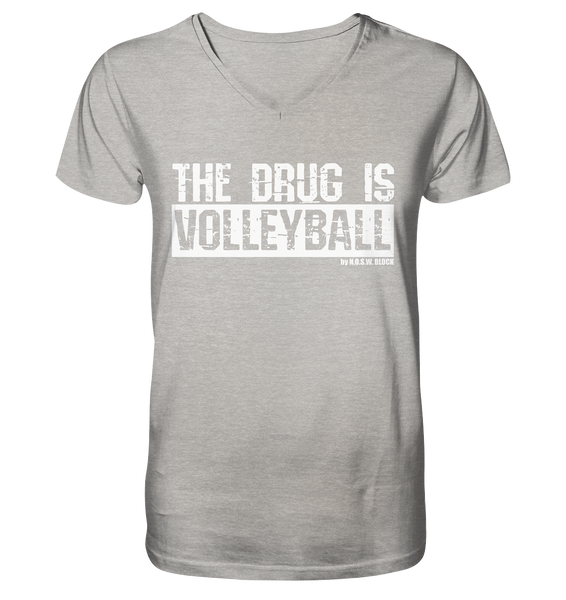 N.O.S.W. BLOCK Fanblock Shirt "THE DRUG IS VOLLEYBALL" Männer Organic V-Neck T-Shirt heather grau