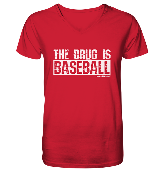 N.O.S.W. BLOCk Fanblock Shirt "THE DRUG IS BASEBALL" Männer Organic V-Neck T-Shirt rot