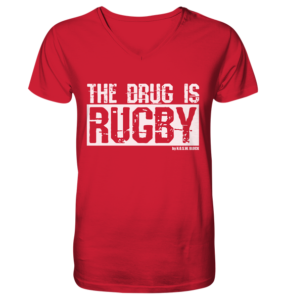 N.O.S.W. BLOCK Fanblock Shirt "THE DRUG IS RUGBY" Männer Organic V-Neck T-Shirt rot