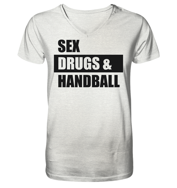 N.O.S.W. BLOCK Fanblock Shirt "SEX, DRUGS & HANDBALL" Männer Organic V-Neck T-Shirt creme heather grau