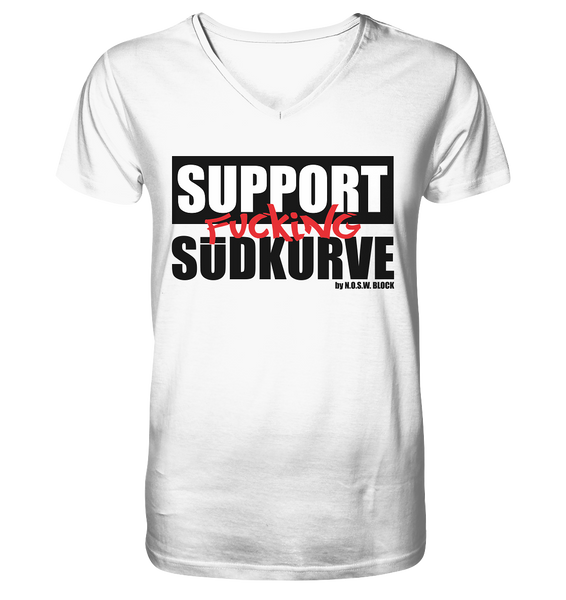 N.O.S.W. BLOCK Fanblock Shirt "SUPPORT FUCKING SÜDKURVE" Männer Organic V-Neck T-Shirt weiss