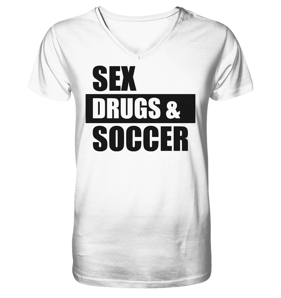 N.O.S.W. BLOCK Fanblock Shirt "SEX, DRUGS & SOCCER" Männer Organic V-Neck T-Shirt weiss