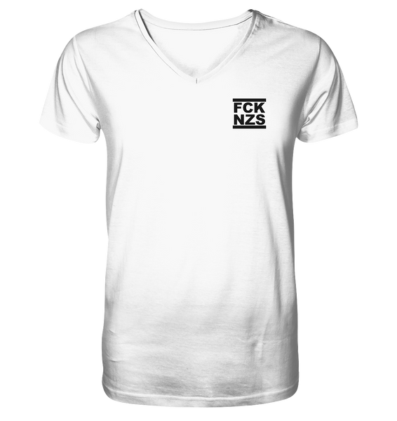 N.O.S.W. BLOCK Gegen Rechts Shirt "FCK NZS" beidseitig bedrucktes Männer Organic V-Neck T-Shirt weiss