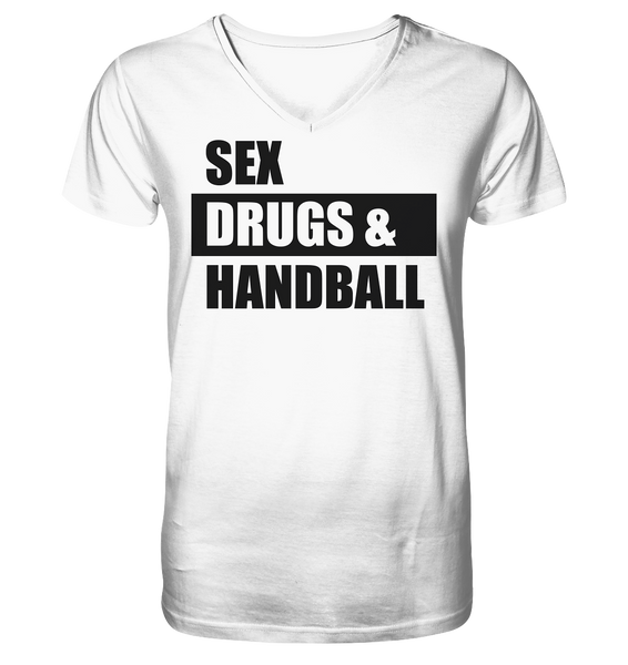 N.O.S.W. BLOCK Fanblock Shirt "SEX, DRUGS & HANDBALL" Männer Organic V-Neck T-Shirt weiss