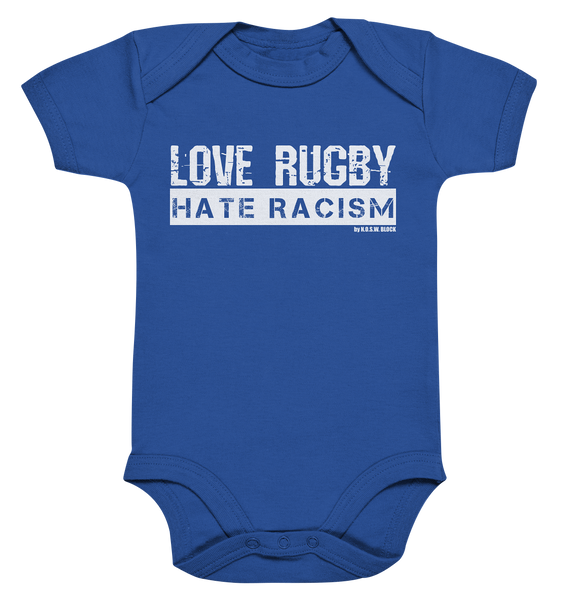 N.O.S.W. BLOCK Gegen Rechts Body "LOVE RUGBY HATE RACISM" Organic Baby Bodysuite cobalt blue organic