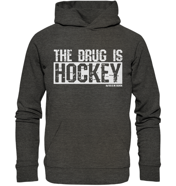 N.O.S.W. BLOCK Fanblock Hoodie "THE DRUG IS HOCKEY" Männer Organic Basic Kapuzenpullover dark heather grau