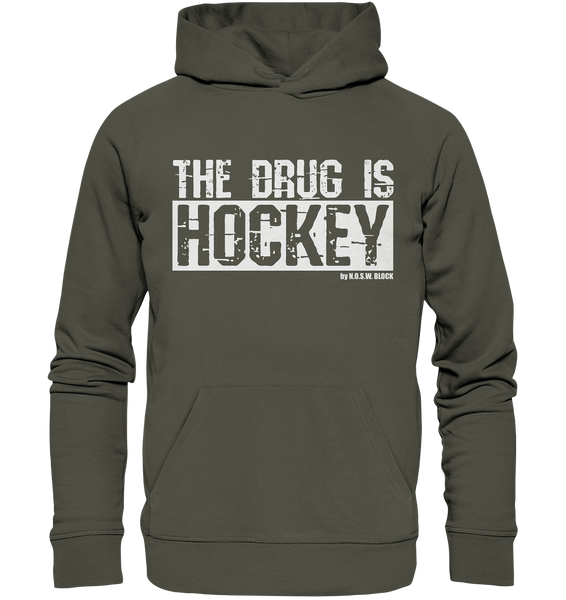 N.O.S.W. BLOCK Fanblock Hoodie "THE DRUG IS HOCKEY" Männer Organic Basic Kapuzenpullover khaki