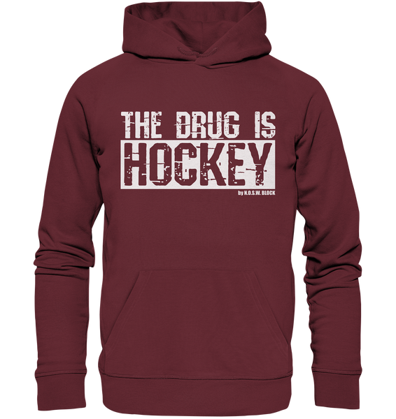 N.O.S.W. BLOCK Fanblock Hoodie "THE DRUG IS HOCKEY" Männer Organic Basic Kapuzenpullover weinrot