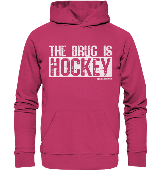 N.O.S.W. BLOCK Fanblock Hoodie "THE DRUG IS HOCKEY" Männer Organic Basic Kapuzenpullover himbeere