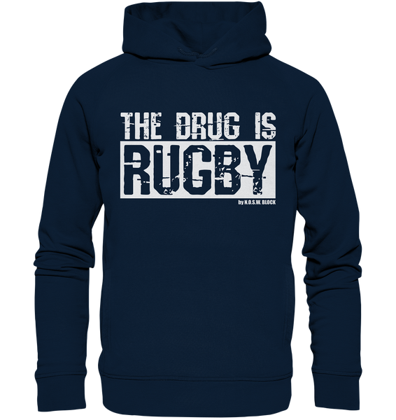 N.O.S.W. BLOCK Fanblock Hoodie "THE DRUG IS RUGBY" Männer Organic Fashion Kapuzenpullover navy