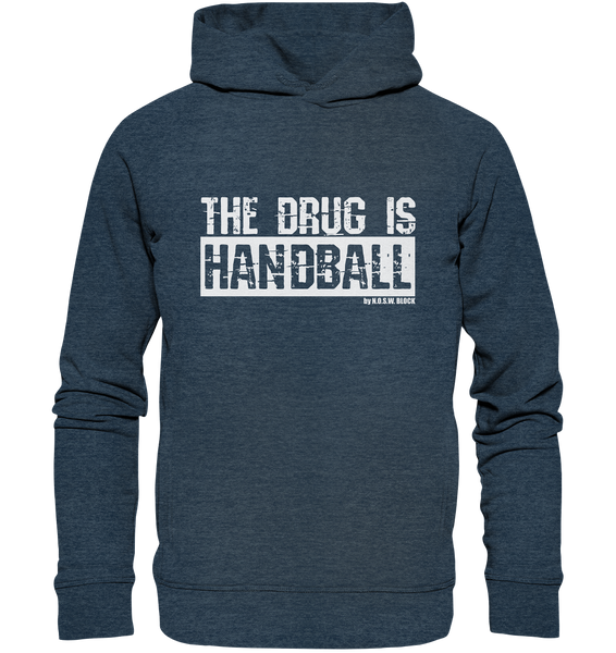 N.O.S.W. BLOCK Fanblock Hoodie "THE DRUG IS HANDBALL" Girls Organic Fashion Kapuzenpullover dark heather blau