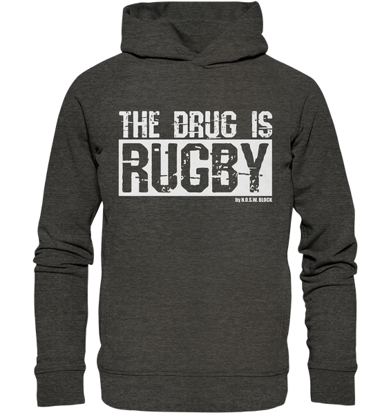 N.O.S.W. BLOCK Fanblock Hoodie "THE DRUG IS RUGBY" Männer Organic Fashion Kapuzenpullover darkheather grau