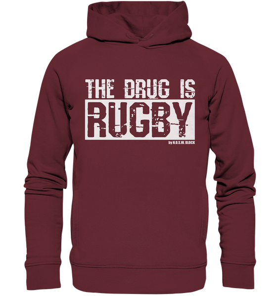 N.O.S.W. BLOCK Fanblock Hoodie "THE DRUG IS RUGBY" Männer Organic Fashion Kapuzenpullover weinrot