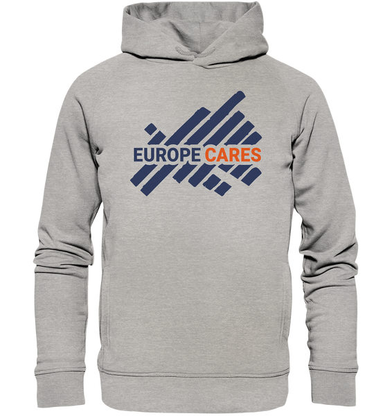 Europe Cares Hoodie UNISEX Organic Kapuzenpullover Logo blau/orange heather grau