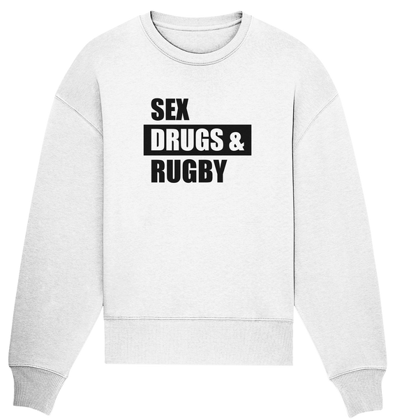 N.O.S.W. BLOCK Fanblock Sweater "SEX, DRUGS & RUGBY" Girls Organic Oversize Sweatshirt weiss